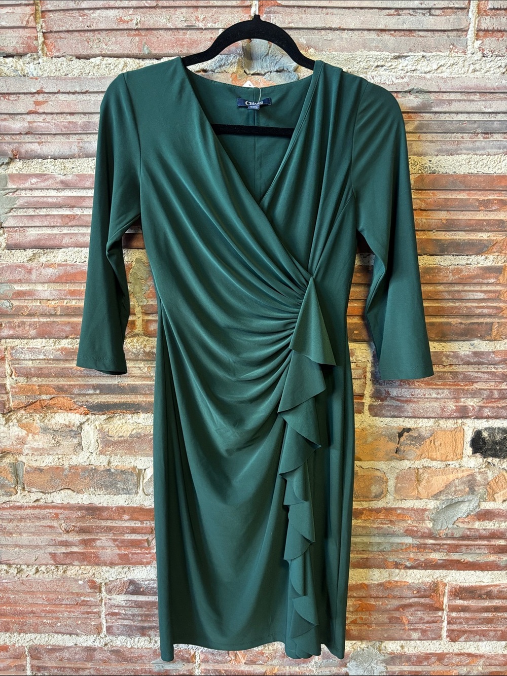 Chaps Forest Green Ruched Ruffle Midi Dress